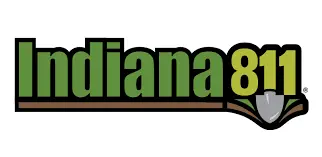 Indiana 811 logo with green text. A silver shovel digs into brown soil under the 811 numbers on the right.