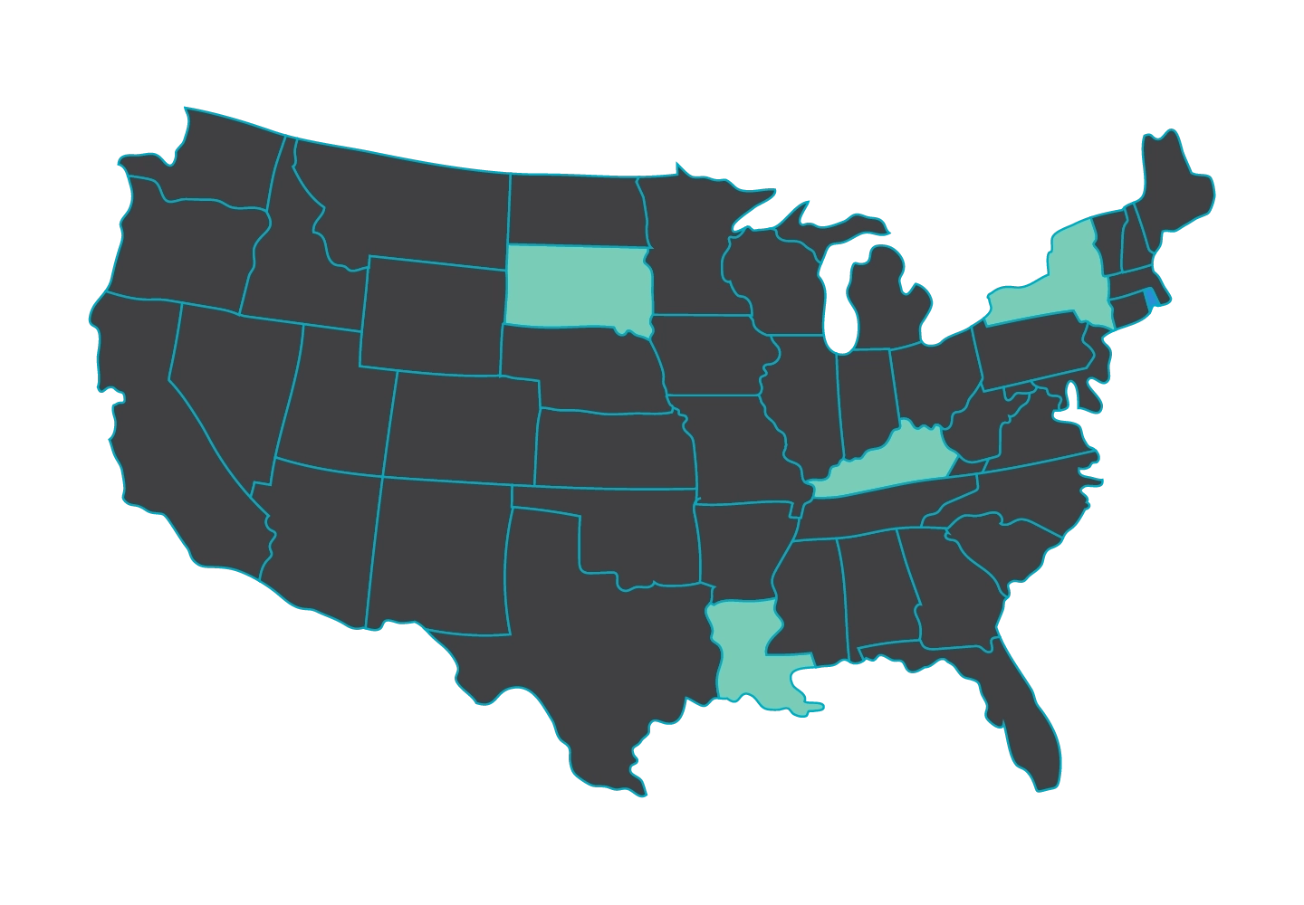 Map of the contiguous US highlighting North Dakota, South Dakota, New York, Kentucky, and Louisiana.